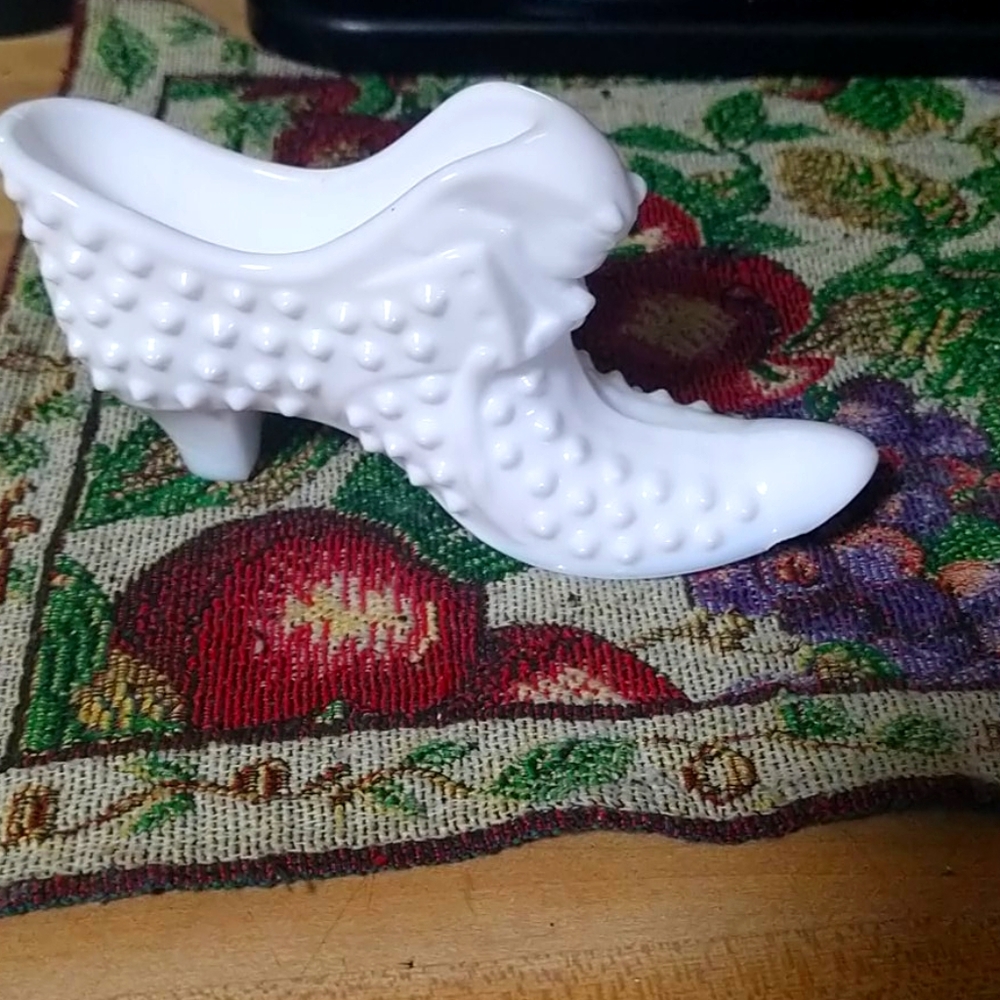 Fenton hobnail milk glass boot